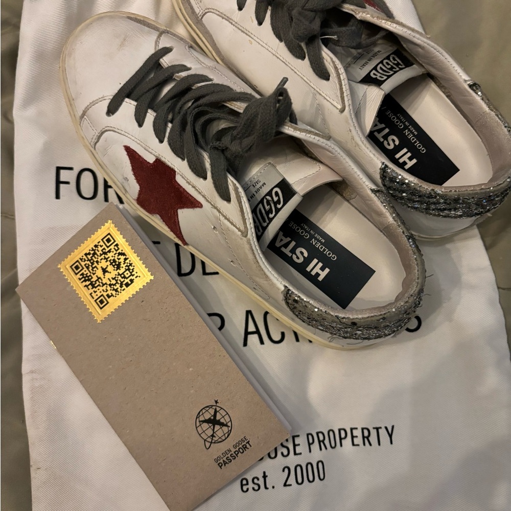 Golden Goose White Sneakers with Red Star